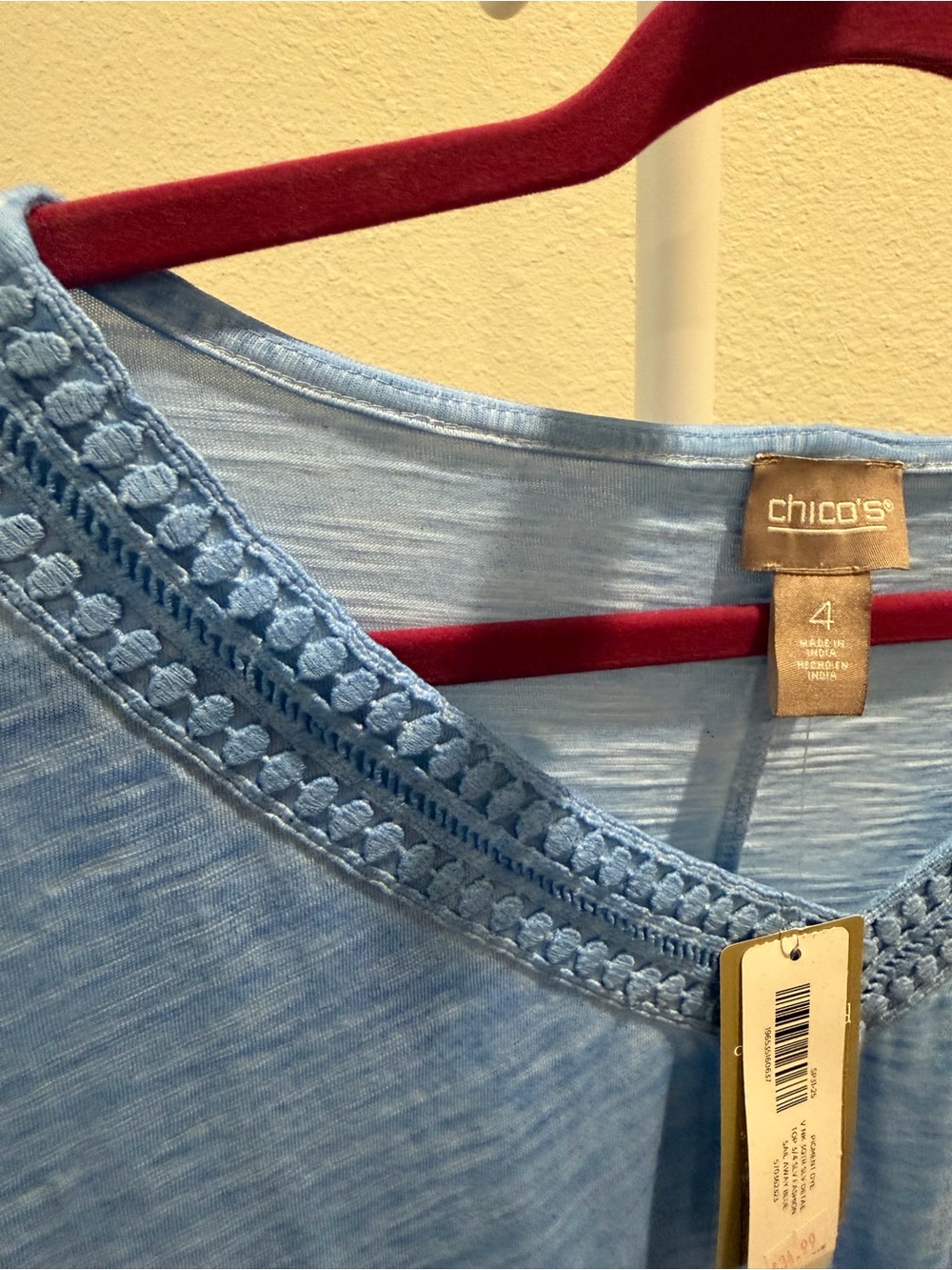 Chico's Sky Blue V-Neck Crochet Trim Tee - Picture 4 of 5